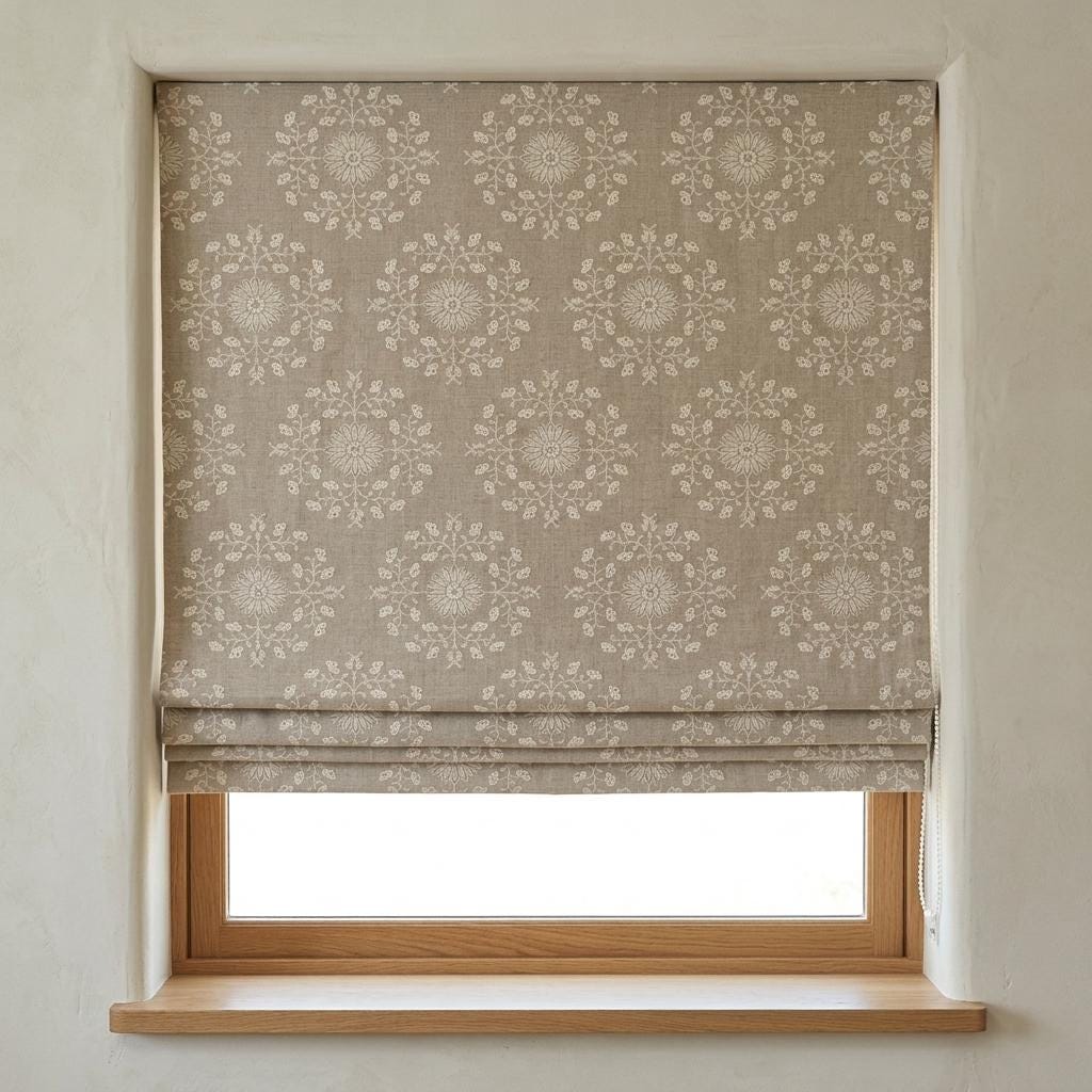 Natural Taupe Linen Roman Shade, Ivory Embroidered Floral Damask Blind, Custom Blackout Corded Window Treatment — image 5