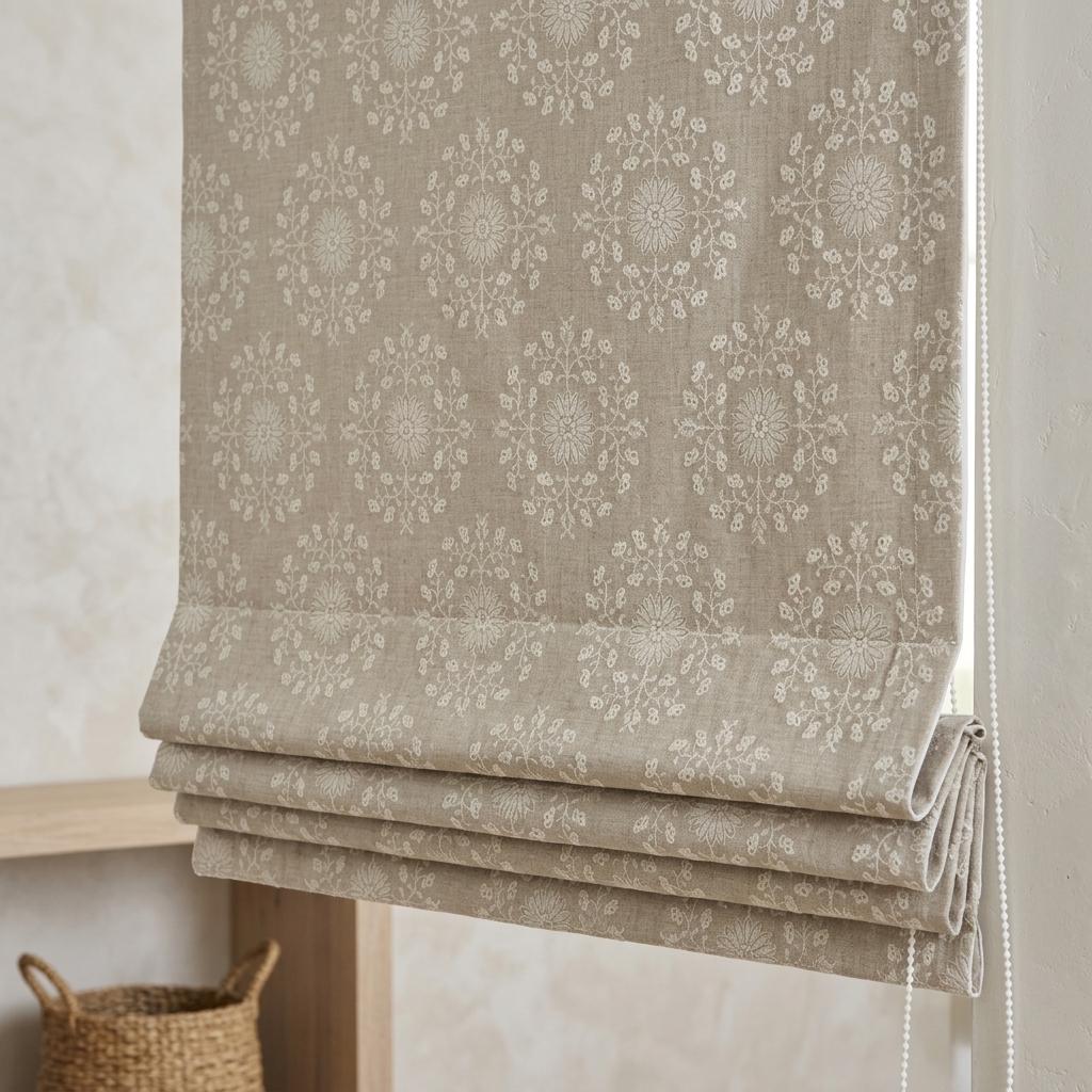 Natural Taupe Linen Roman Shade, Ivory Embroidered Floral Damask Blind, Custom Blackout Corded Window Treatment — image 4