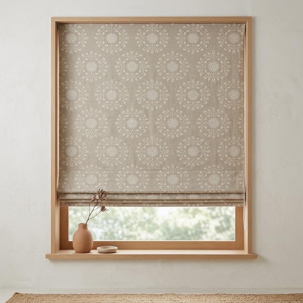 Natural Taupe Linen Roman Shade, Ivory Embroidered Floral Damask Blind, Custom Blackout Corded Window Treatment — image 7