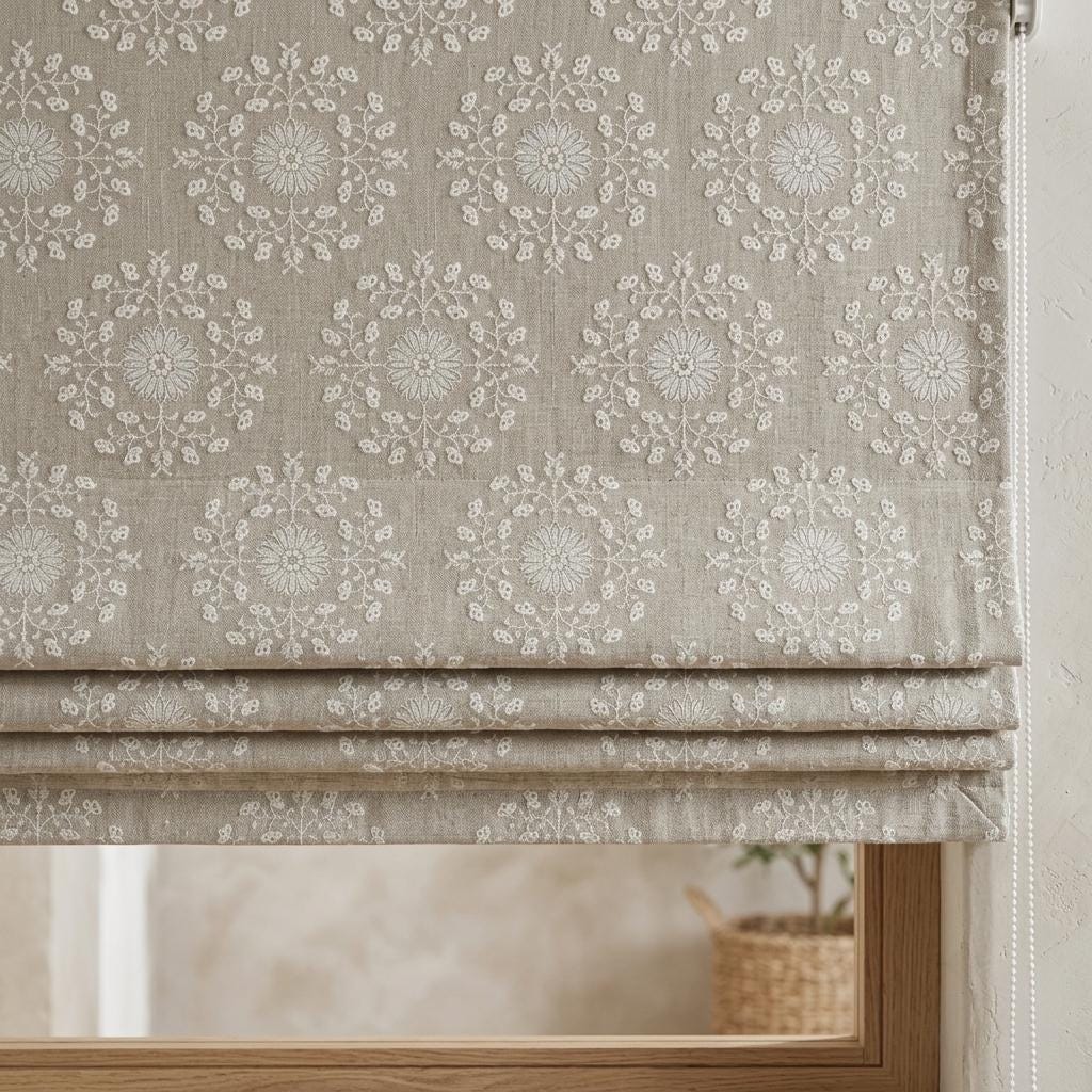 Natural Taupe Linen Roman Shade, Ivory Embroidered Floral Damask Blind, Custom Blackout Corded Window Treatment — image 3