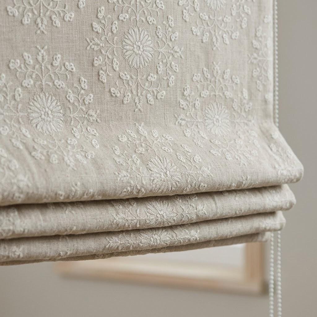 Natural Beige Linen Roman Shade, Ivory Embroidered Floral Damask Blind, Custom Blackout Corded Window Treatment — image 1
