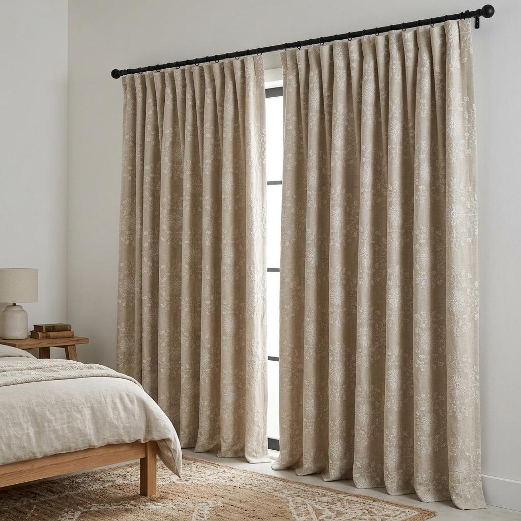 Natural Beige Linen Embroidered Curtains, Ivory Floral Medallion Drapes, Custom Blackout Farmhouse Curtain Panels — image 3