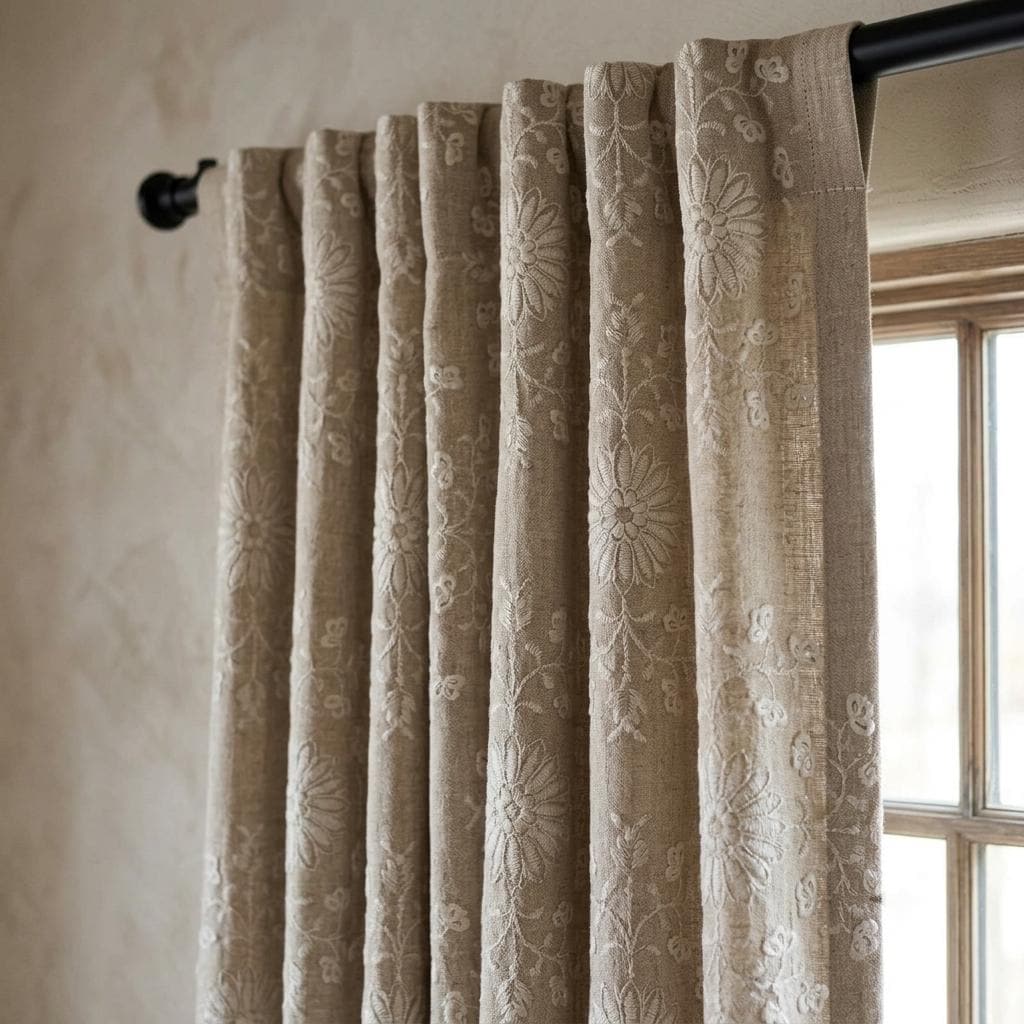 Natural Beige Linen Embroidered Curtains, Ivory Floral Medallion Drapes, Custom Blackout Farmhouse Curtain Panels — image 4