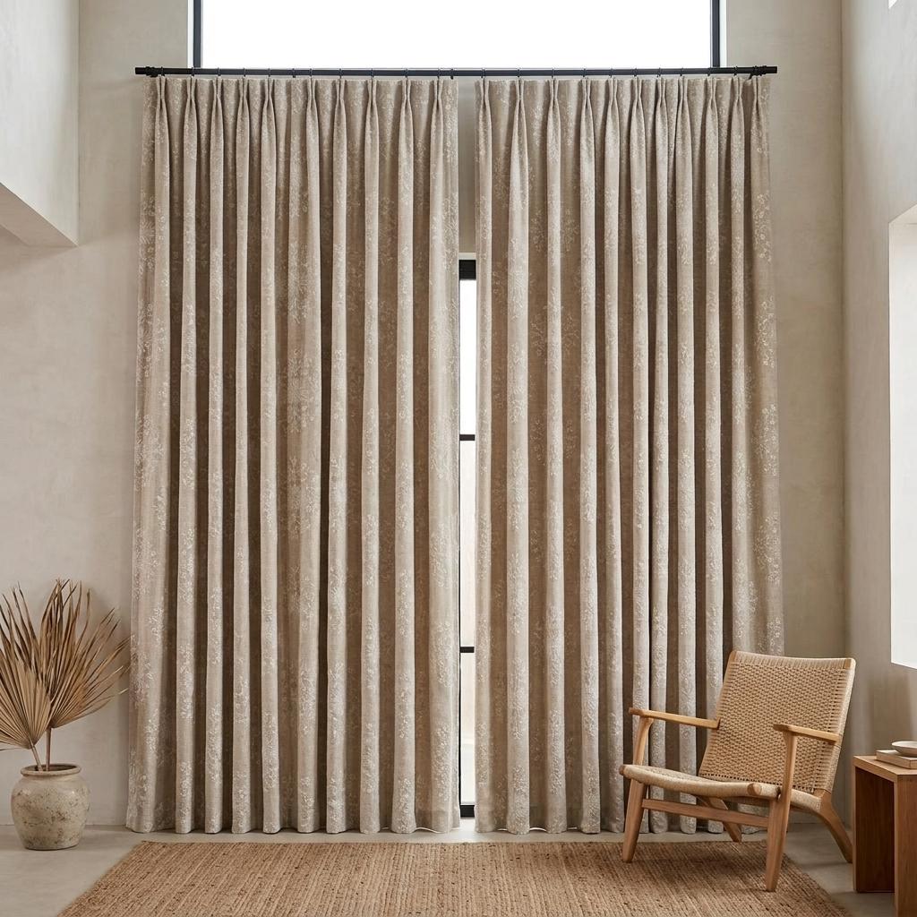 Natural Beige Linen Embroidered Curtains, Ivory Floral Medallion Drapes, Custom Blackout Farmhouse Curtain Panels — image 7