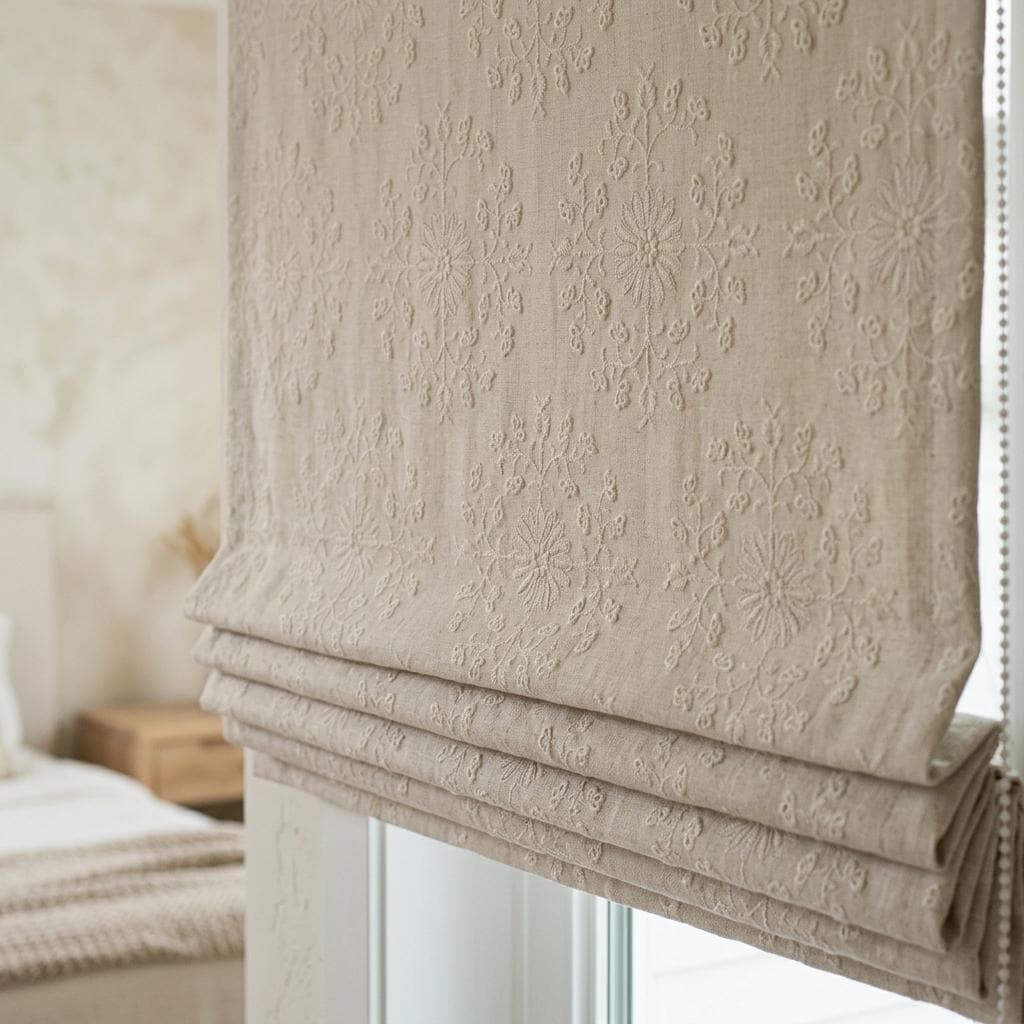 Ivory Linen Roman Shade, Cream Embroidered Floral Damask Blind, Custom Blackout Corded Window Treatment — image 2
