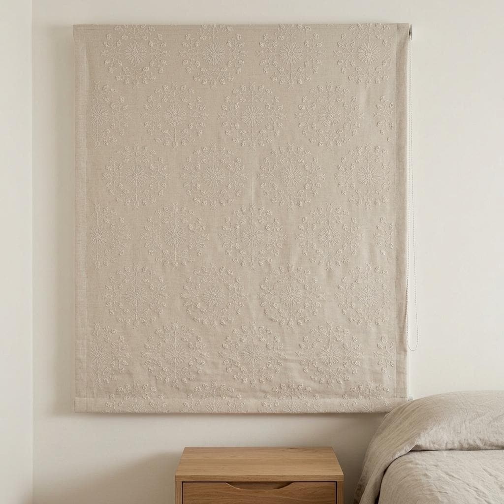 Ivory Linen Roman Shade, Cream Embroidered Floral Damask Blind, Custom Blackout Corded Window Treatment — image 7