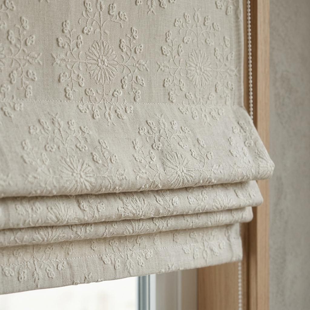 Ivory Linen Roman Shade, Cream Embroidered Floral Damask Blind, Custom Blackout Corded Window Treatment — image 3