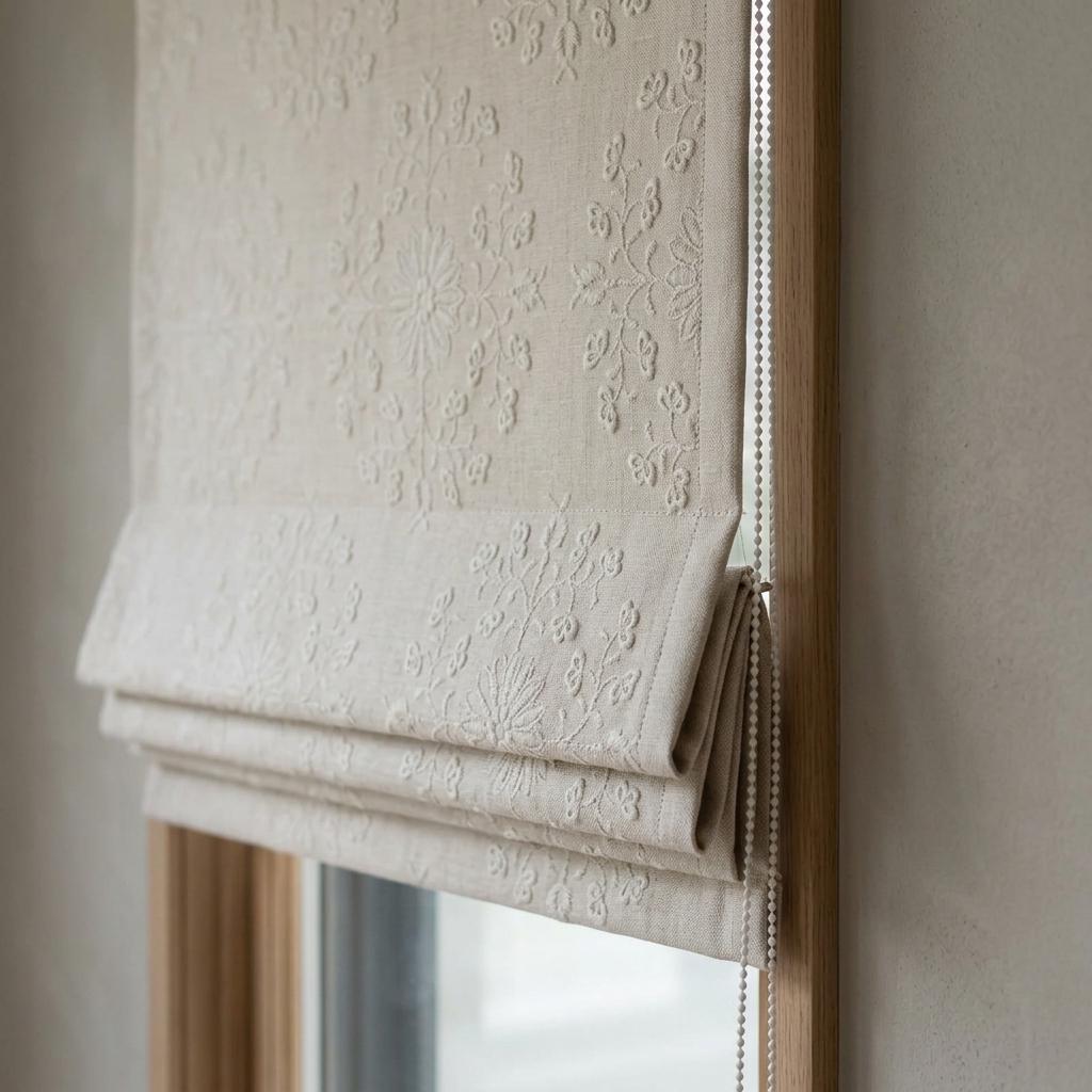 Ivory Linen Roman Shade, Cream Embroidered Floral Damask Blind, Custom Blackout Corded Window Treatment — image 6