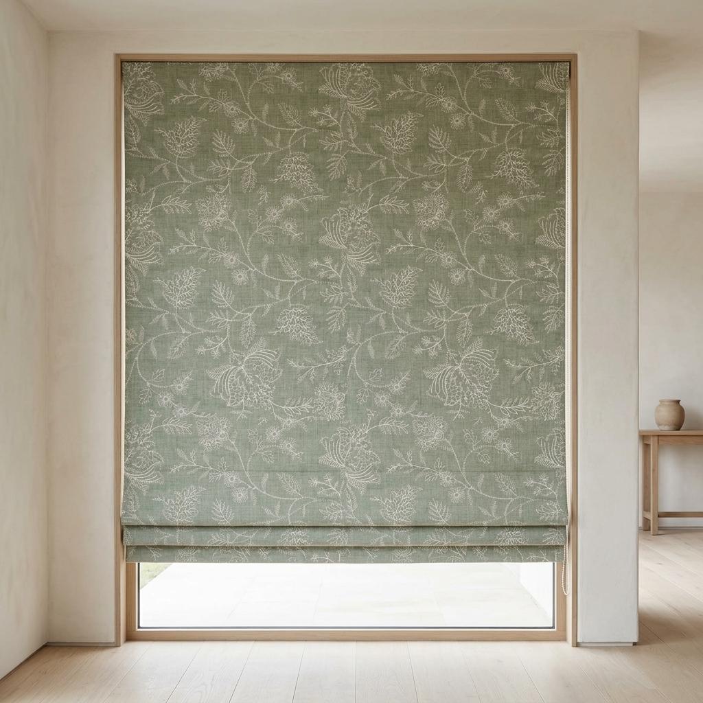 Custom Roman Shades, Sage Green Linen Roman Blind, Ivory Jacobean Floral Embroidered Window Treatment, Blackout or Cotton Lined — image 3