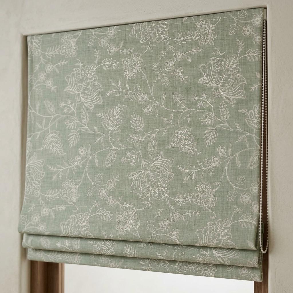 Custom Roman Shades, Sage Green Linen Roman Blind, Ivory Jacobean Floral Embroidered Window Treatment, Blackout or Cotton Lined — image 5
