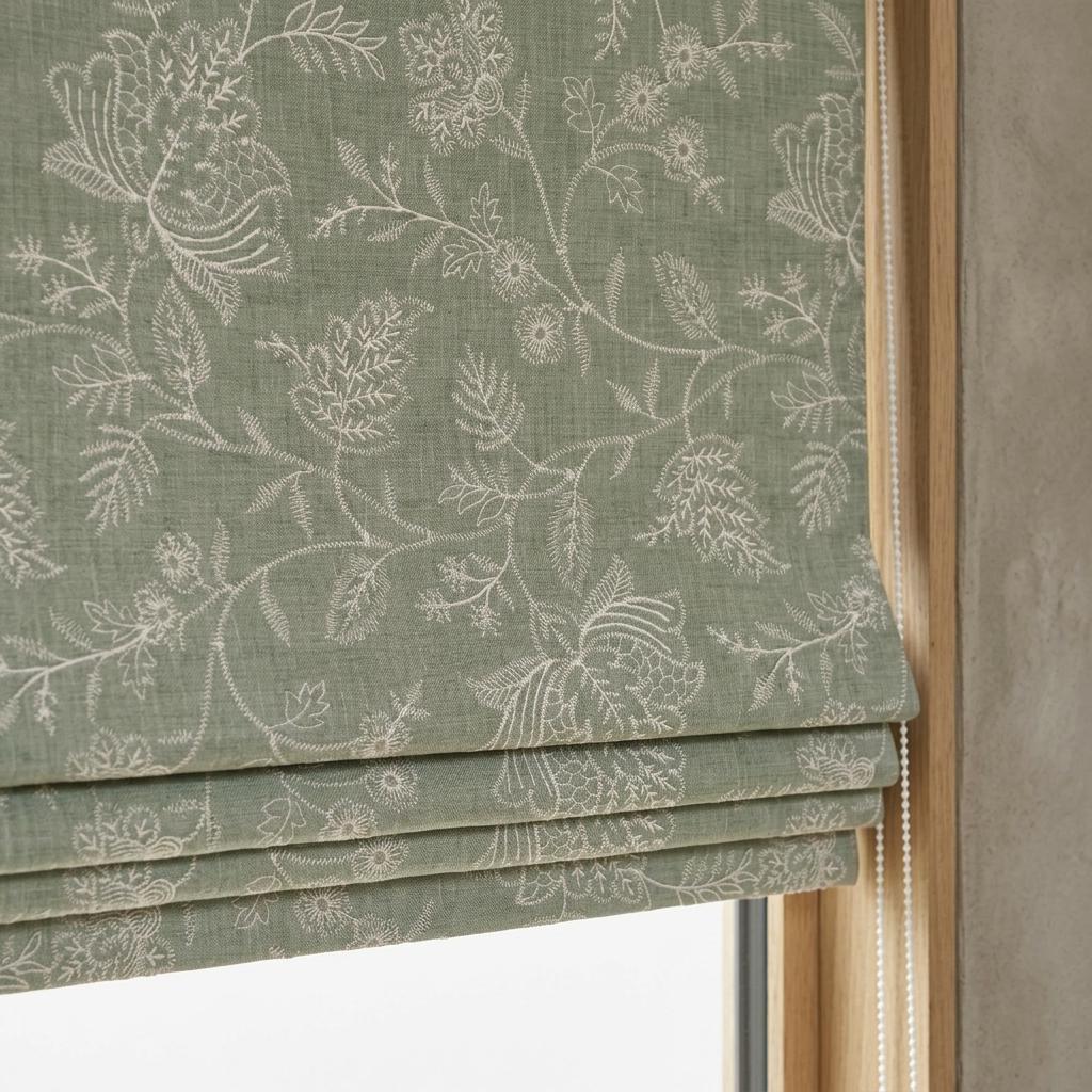 Custom Roman Shades, Sage Green Linen Roman Blind, Ivory Jacobean Floral Embroidered Window Treatment, Blackout or Cotton Lined — image 2