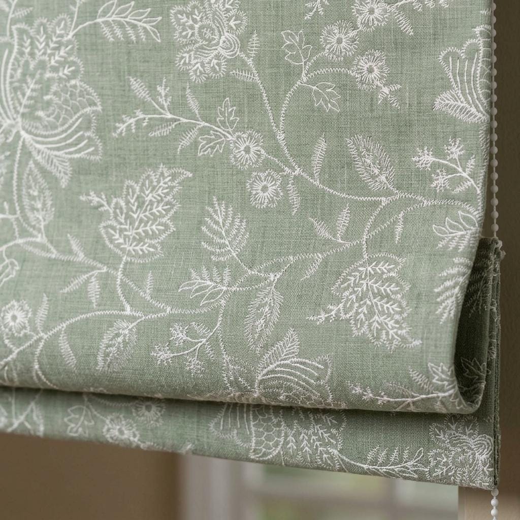 Custom Roman Shades, Sage Green Linen Roman Blind, Ivory Jacobean Floral Embroidered Window Treatment, Blackout or Cotton Lined — image 1