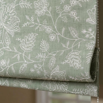 Custom Roman Shades, Sage Green Linen Roman Blind, Ivory Jacobean Floral Embroidered Window Treatment, Blackout or Cotton Lined — image 1