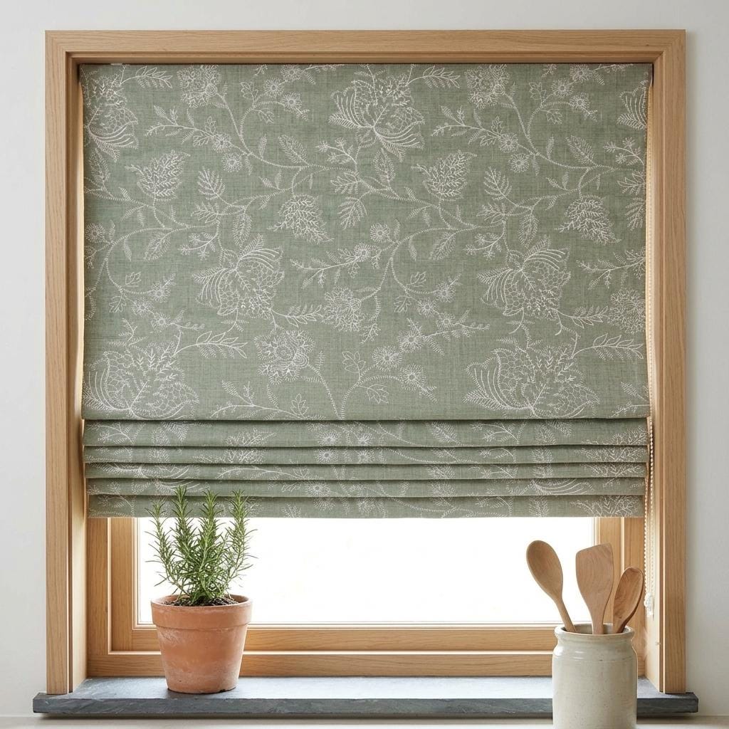 Custom Roman Shades, Sage Green Linen Roman Blind, Ivory Jacobean Floral Embroidered Window Treatment, Blackout or Cotton Lined — image 9