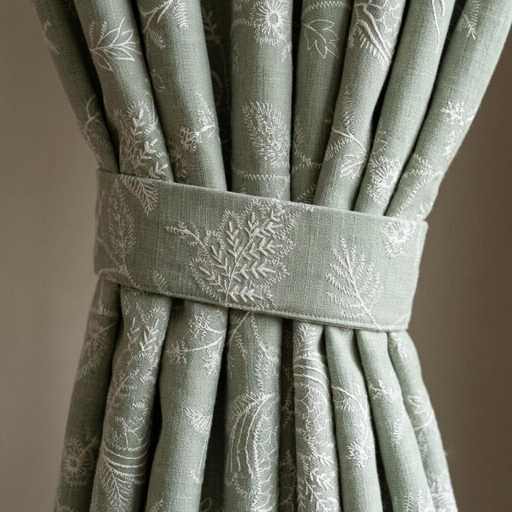 Sage Green Linen Curtains, Ivory Jacobean Floral Embroidered Drapes, Custom Blackout Living Room Curtain Panels — image 1