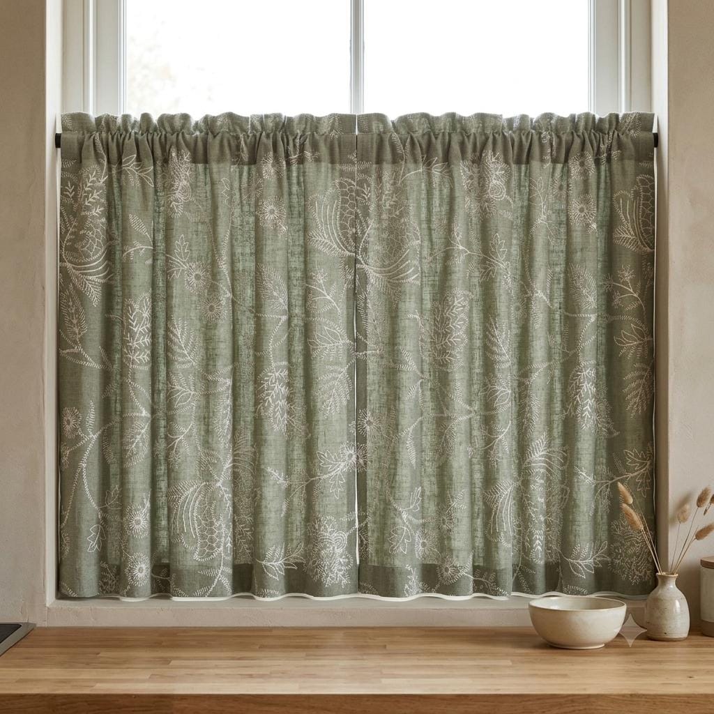 Sage Green Linen Curtains, Ivory Jacobean Floral Embroidered Drapes, Custom Blackout Living Room Curtain Panels — image 6