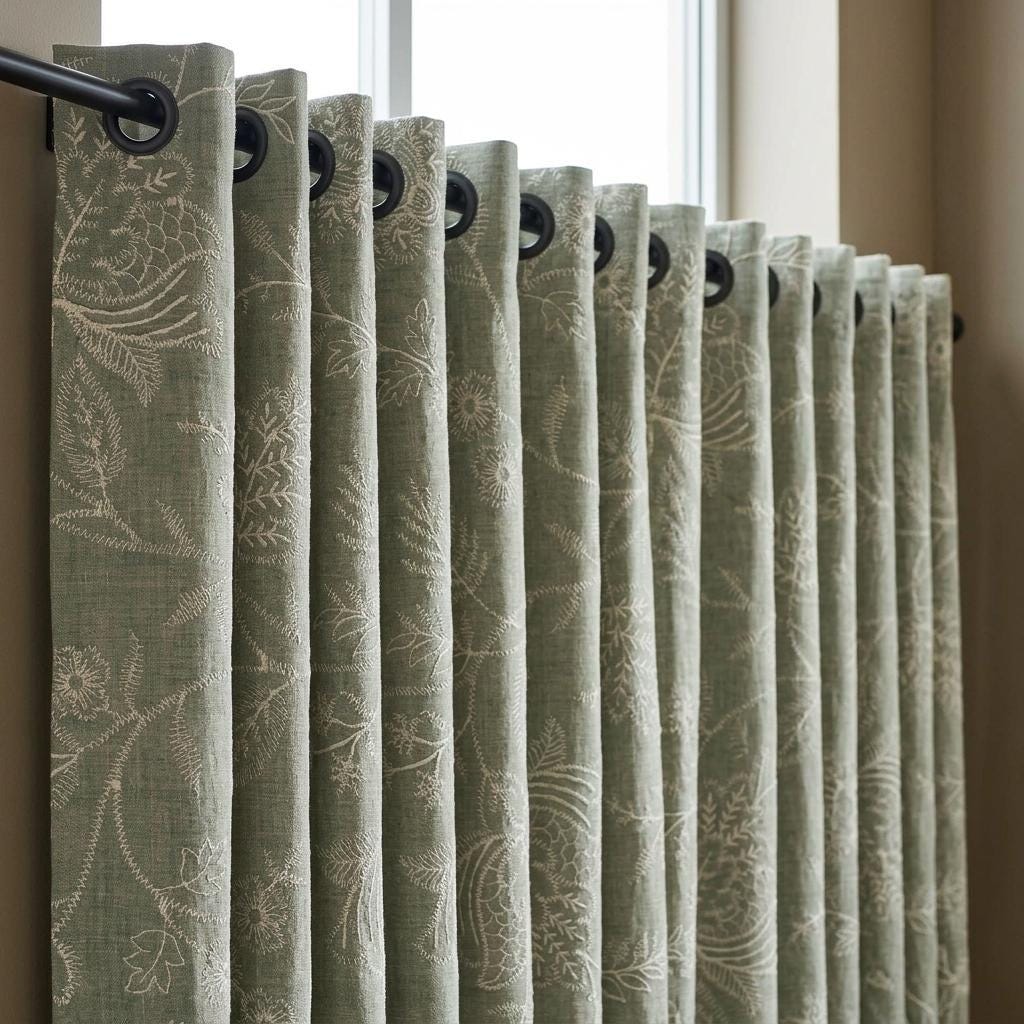 Sage Green Linen Curtains, Ivory Jacobean Floral Embroidered Drapes, Custom Blackout Living Room Curtain Panels — image 5