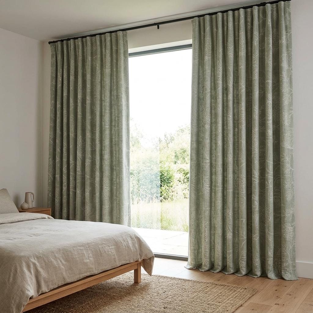 Sage Green Linen Curtains, Ivory Jacobean Floral Embroidered Drapes, Custom Blackout Living Room Curtain Panels — image 8