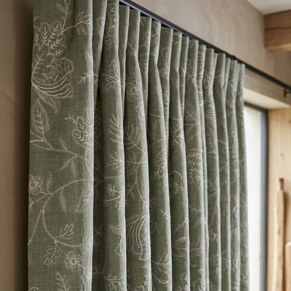 Sage Green Linen Curtains, Ivory Jacobean Floral Embroidered Drapes, Custom Blackout Living Room Curtain Panels — image 3
