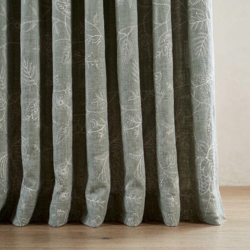Sage Green Linen Curtains, Ivory Jacobean Floral Embroidered Drapes, Custom Blackout Living Room Curtain Panels — image 7