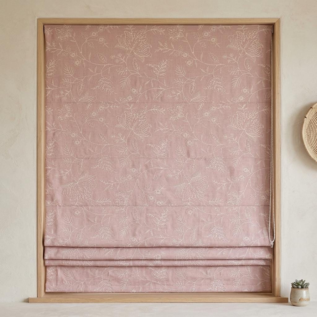 Custom Roman Shades, Blush Pink Linen Roman Blind, Ivory Jacobean Floral Embroidered Window Treatment, Blackout or Cotton Lined — image 10