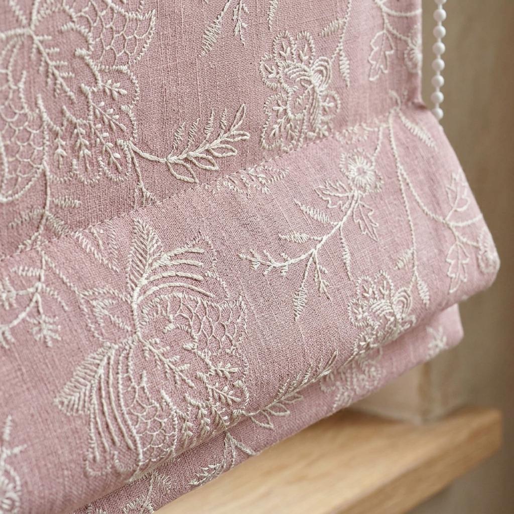 Custom Roman Shades, Blush Pink Linen Roman Blind, Ivory Jacobean Floral Embroidered Window Treatment, Blackout or Cotton Lined — image 3