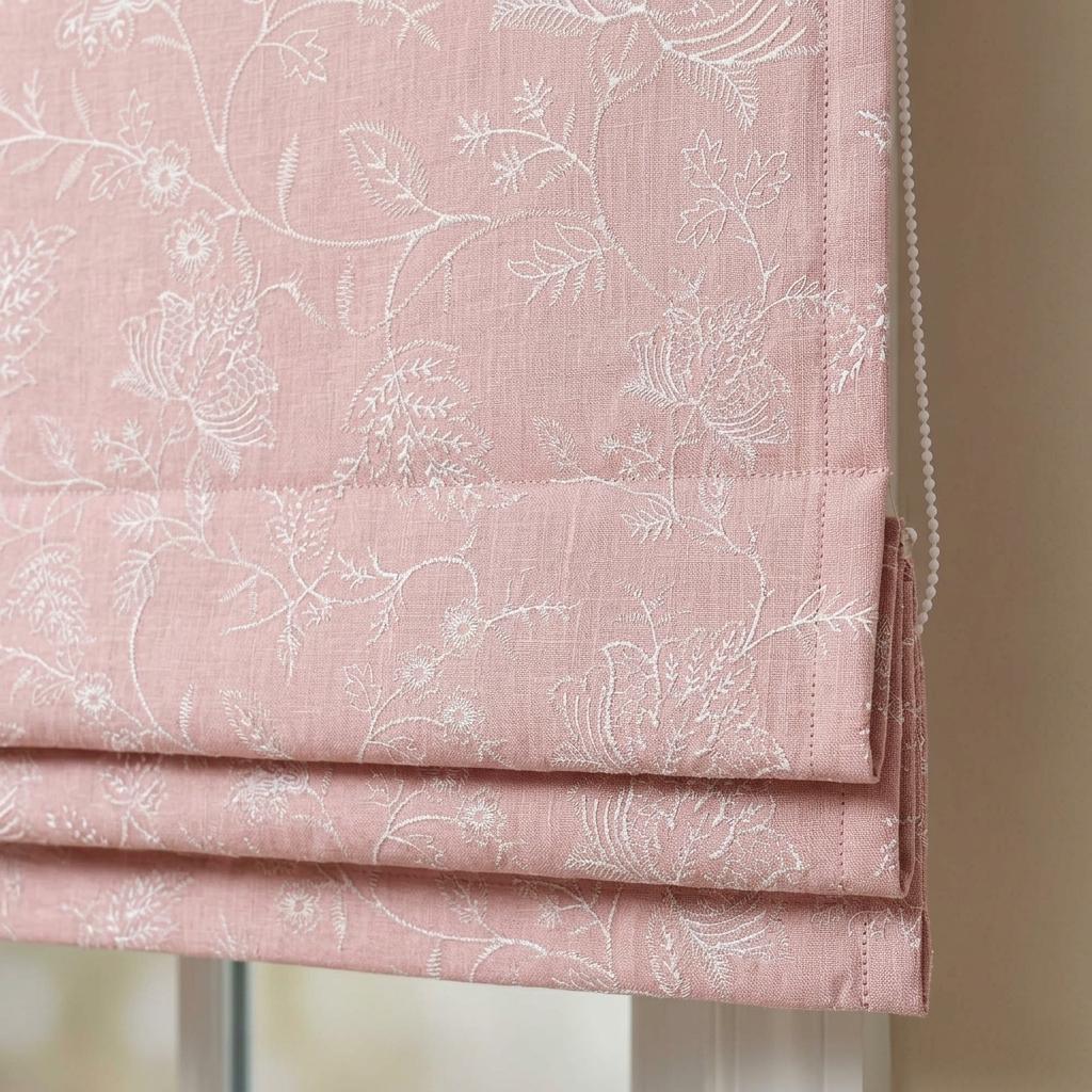 Custom Roman Shades, Blush Pink Linen Roman Blind, Ivory Jacobean Floral Embroidered Window Treatment, Blackout or Cotton Lined — image 5