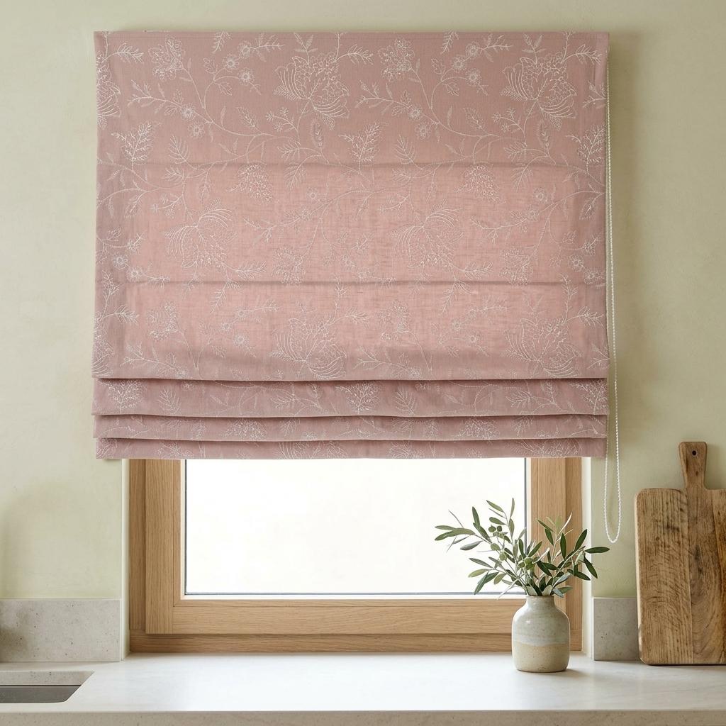 Custom Roman Shades, Blush Pink Linen Roman Blind, Ivory Jacobean Floral Embroidered Window Treatment, Blackout or Cotton Lined — image 6