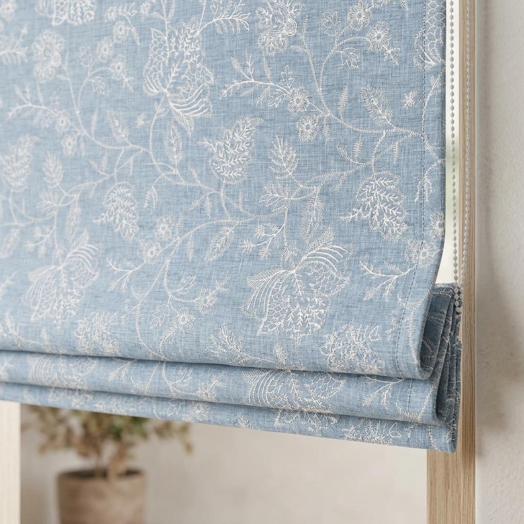 Custom Roman Shades, Dusty Blue Linen Roman Blind, Ivory Jacobean Floral Embroidered Window Treatment, Blackout or Cotton Lined — image 4