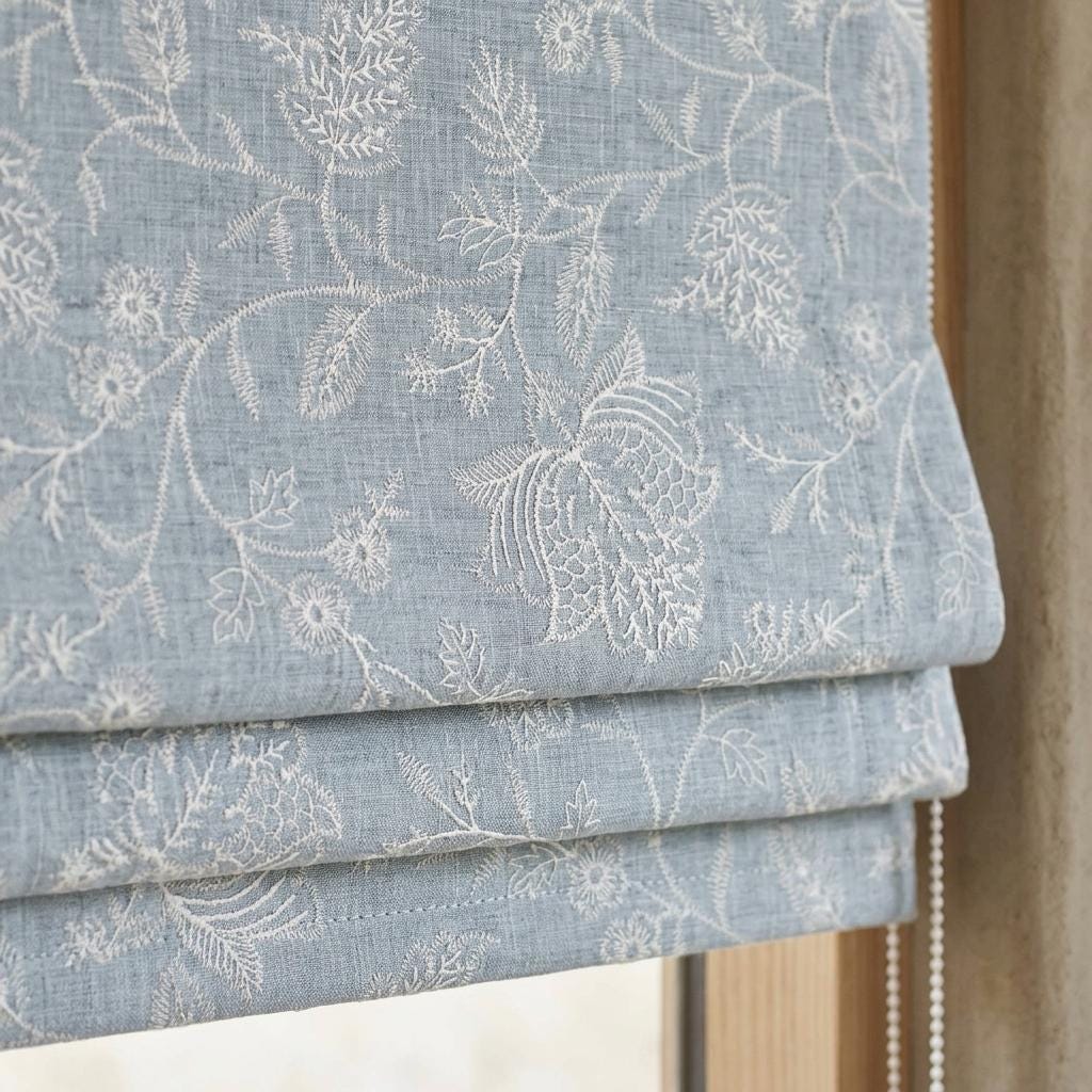 Custom Roman Shades, Dusty Blue Linen Roman Blind, Ivory Jacobean Floral Embroidered Window Treatment, Blackout or Cotton Lined — image 1