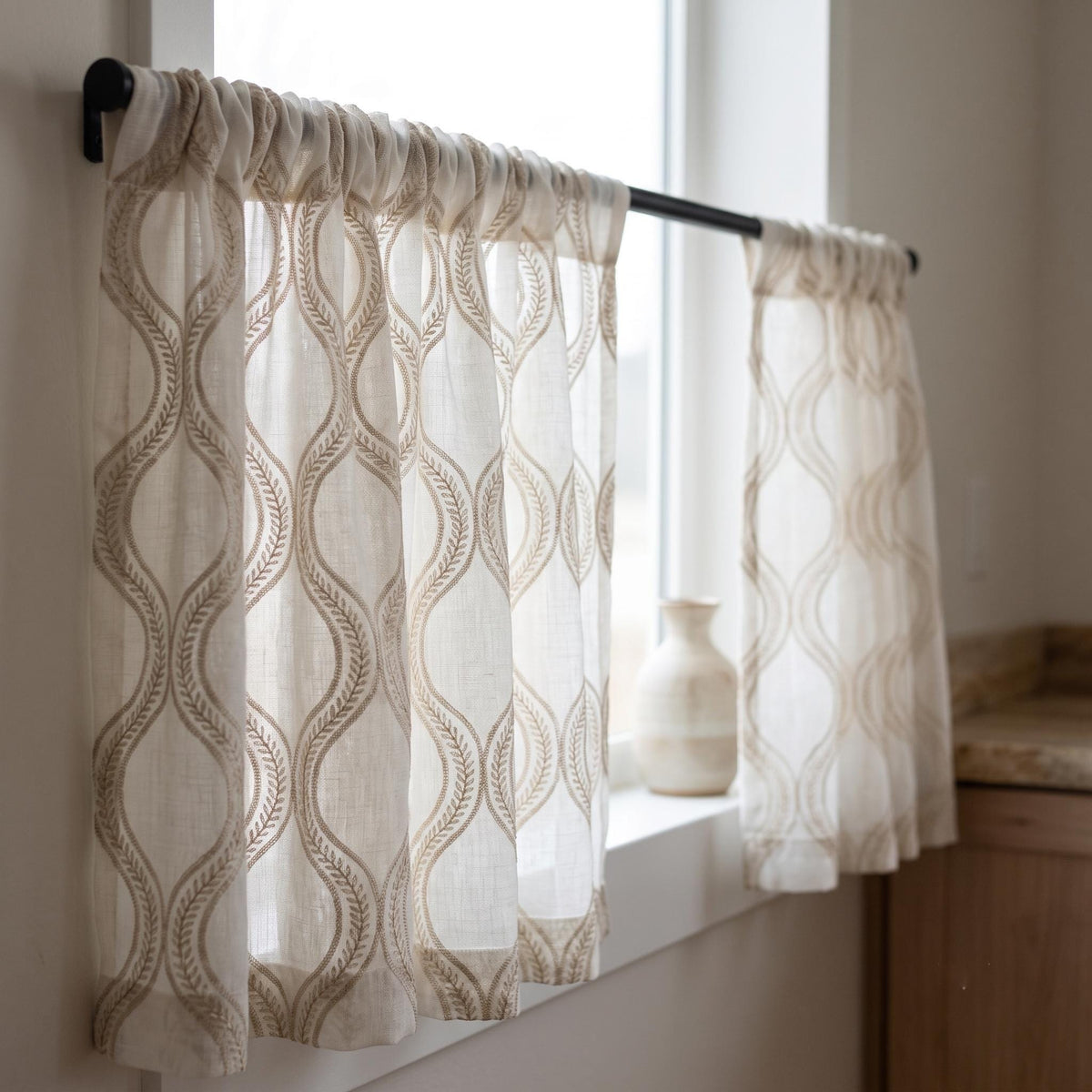 Off White Pure Linen Sheer Curtains with Beige Ogee Trellis Embroidery, Custom Geometric Window Panels, Single or Pair — image 5