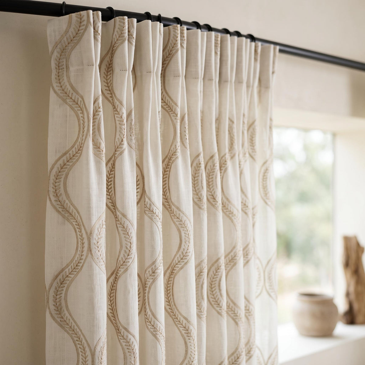 Off White Pure Linen Sheer Curtains with Beige Ogee Trellis Embroidery, Custom Geometric Window Panels, Single or Pair — image 9