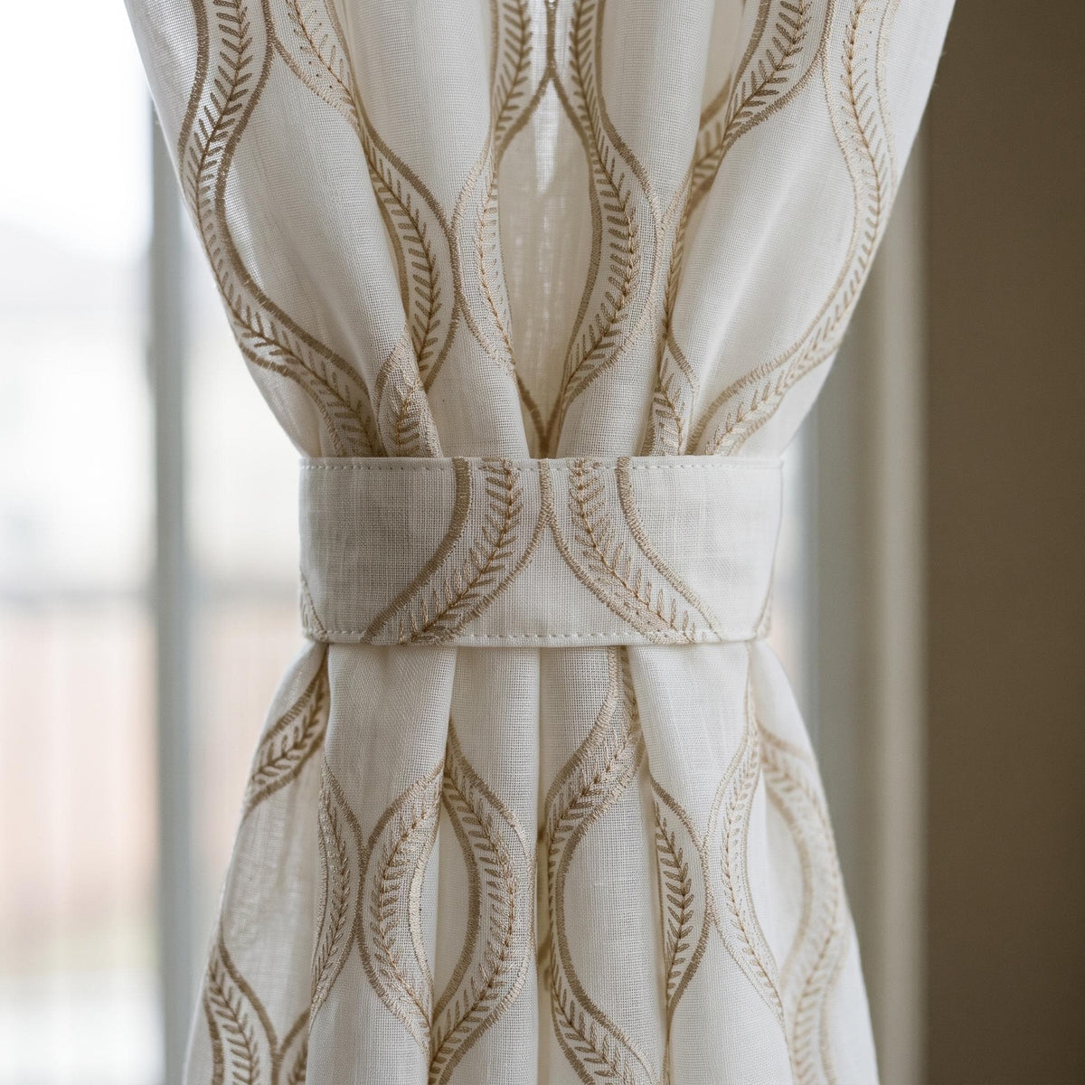Off White Pure Linen Sheer Curtains with Beige Ogee Trellis Embroidery, Custom Geometric Window Panels, Single or Pair — image 4