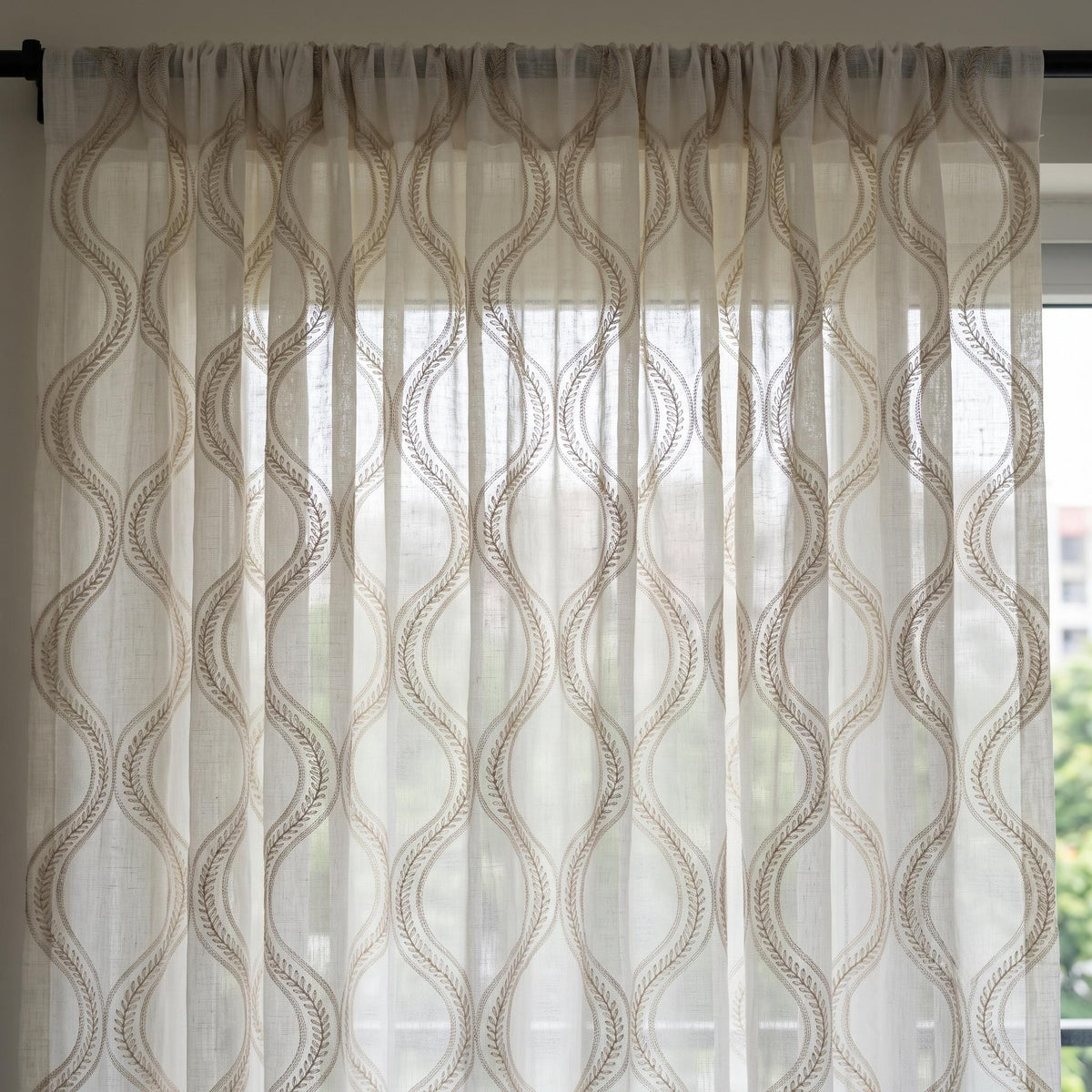 Off White Pure Linen Sheer Curtains with Beige Ogee Trellis Embroidery, Custom Geometric Window Panels, Single or Pair — image 3