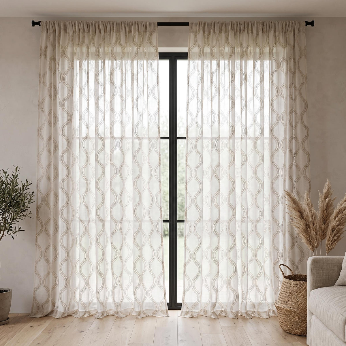 Off White Pure Linen Sheer Curtains with Beige Ogee Trellis Embroidery, Custom Geometric Window Panels, Single or Pair — image 7