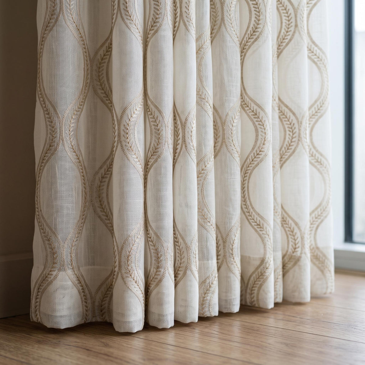 Off White Pure Linen Sheer Curtains with Beige Ogee Trellis Embroidery, Custom Geometric Window Panels, Single or Pair — image 6