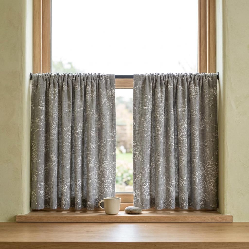 Gray Linen Curtains, Ivory Jacobean Floral Embroidered Drapes, Custom Blackout Bedroom & Living Room Panels — image 5