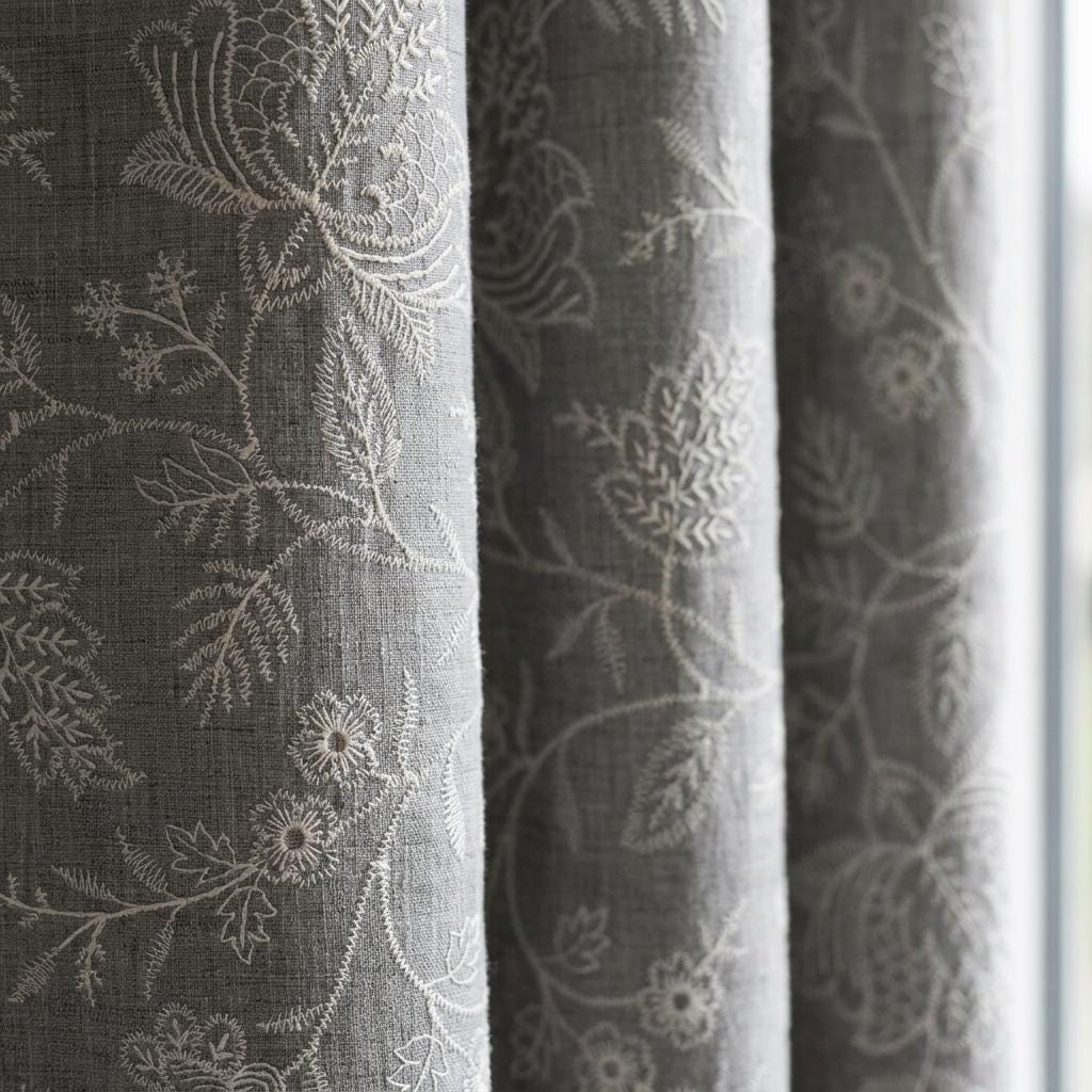 Gray Linen Curtains, Ivory Jacobean Floral Embroidered Drapes, Custom Blackout Bedroom & Living Room Panels — image 4