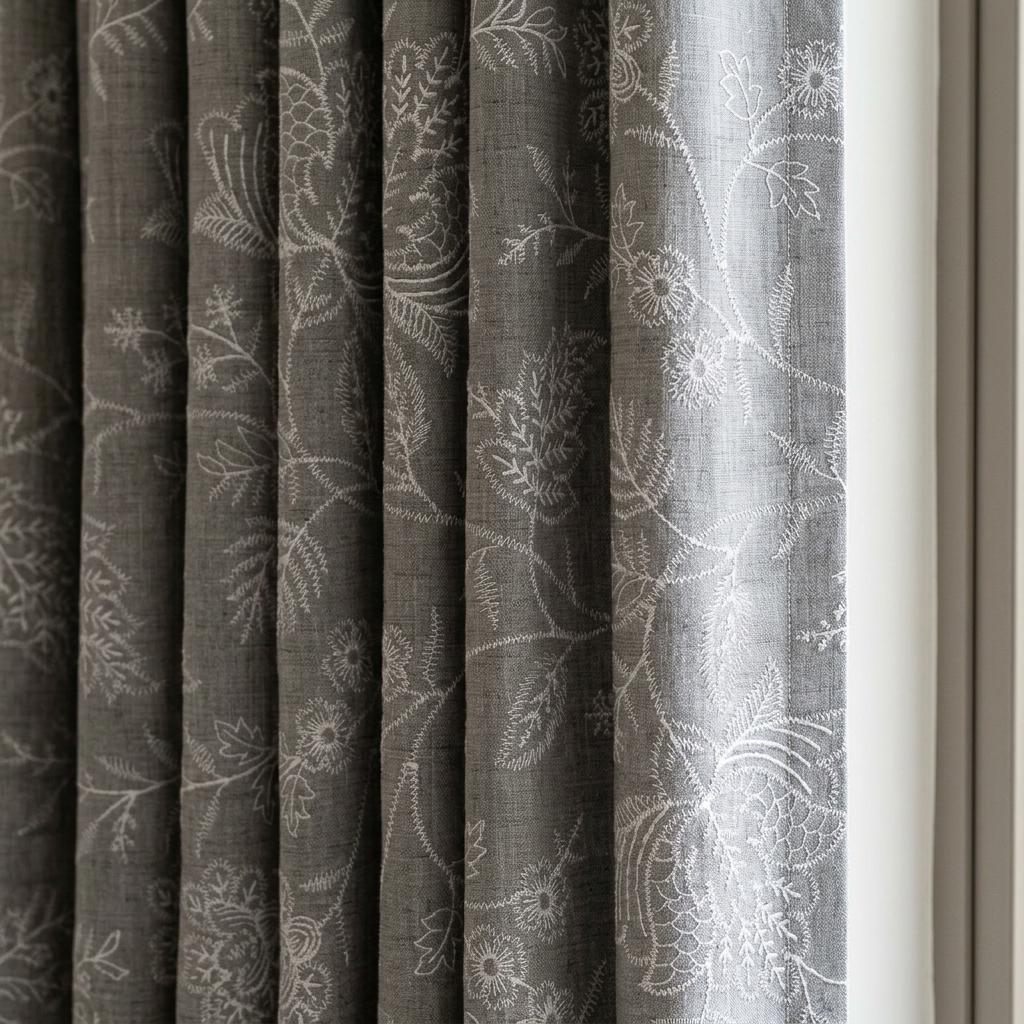 Gray Linen Curtains, Ivory Jacobean Floral Embroidered Drapes, Custom Blackout Bedroom & Living Room Panels — image 1