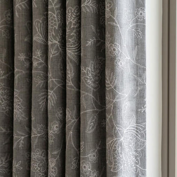Gray Linen Curtains, Ivory Jacobean Floral Embroidered Drapes, Custom Blackout Bedroom & Living Room Panels — image 1