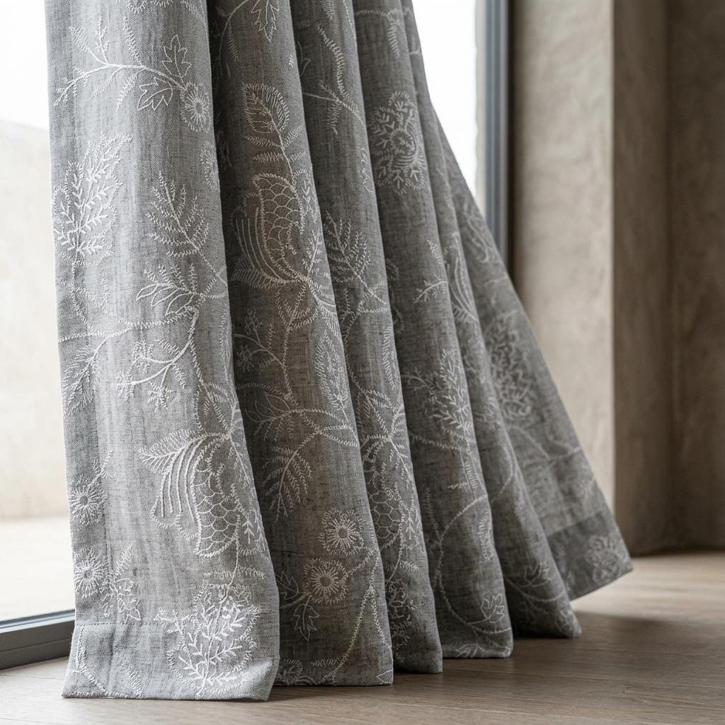 Gray Linen Curtains, Ivory Jacobean Floral Embroidered Drapes, Custom Blackout Bedroom & Living Room Panels — image 8