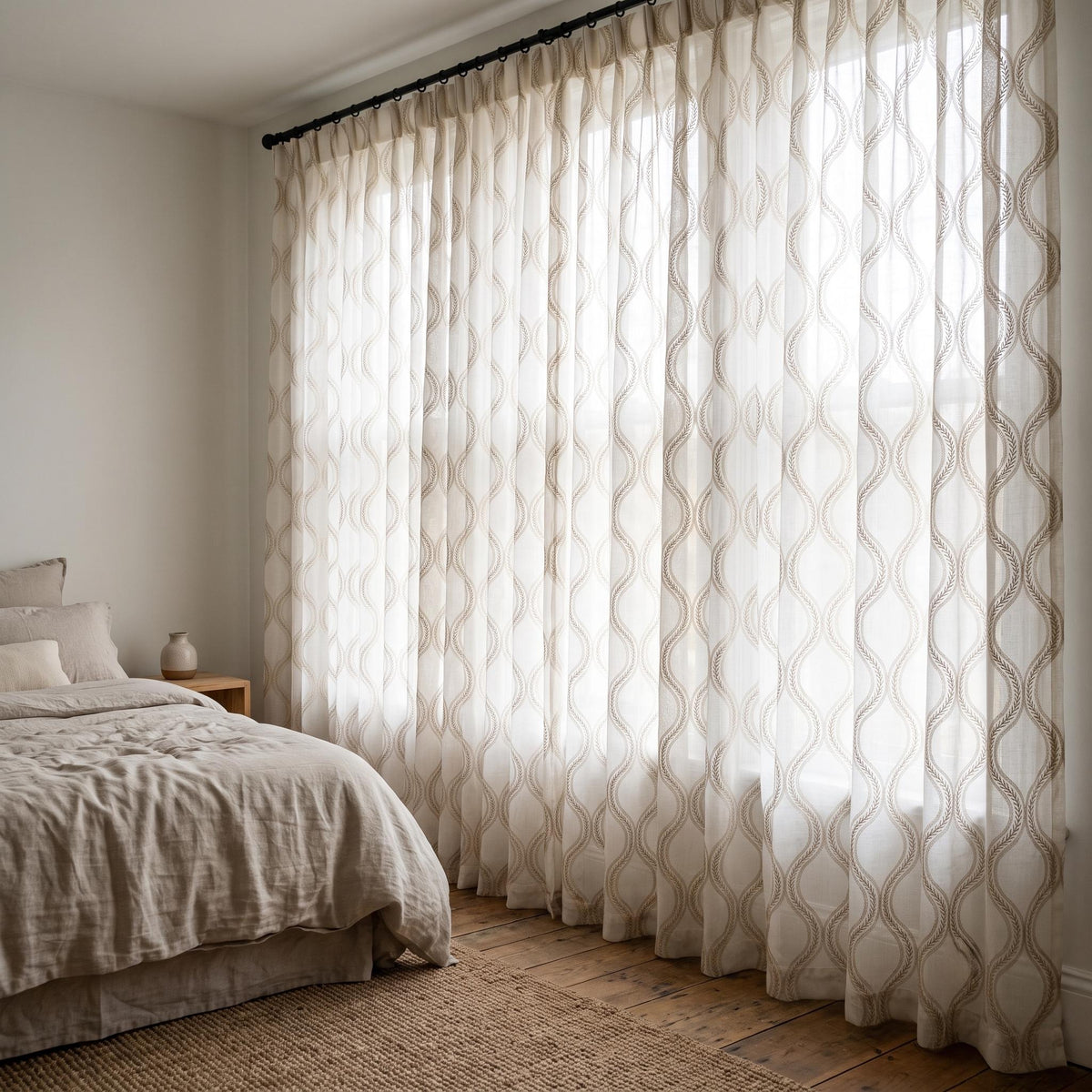 Off White Pure Linen Sheer Curtains with Beige Ogee Trellis Embroidery, Custom Geometric Window Panels, Single or Pair — image 1