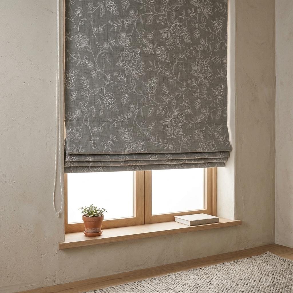 Custom Roman Shades, Gray Linen Roman Blind, Ivory Jacobean Floral Embroidered Window Treatment, Blackout or Cotton Lined — image 1