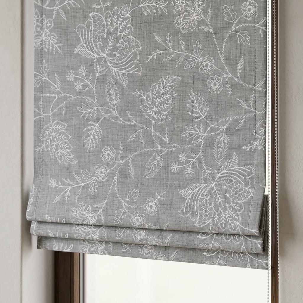 Custom Roman Shades, Gray Linen Roman Blind, Ivory Jacobean Floral Embroidered Window Treatment, Blackout or Cotton Lined — image 1