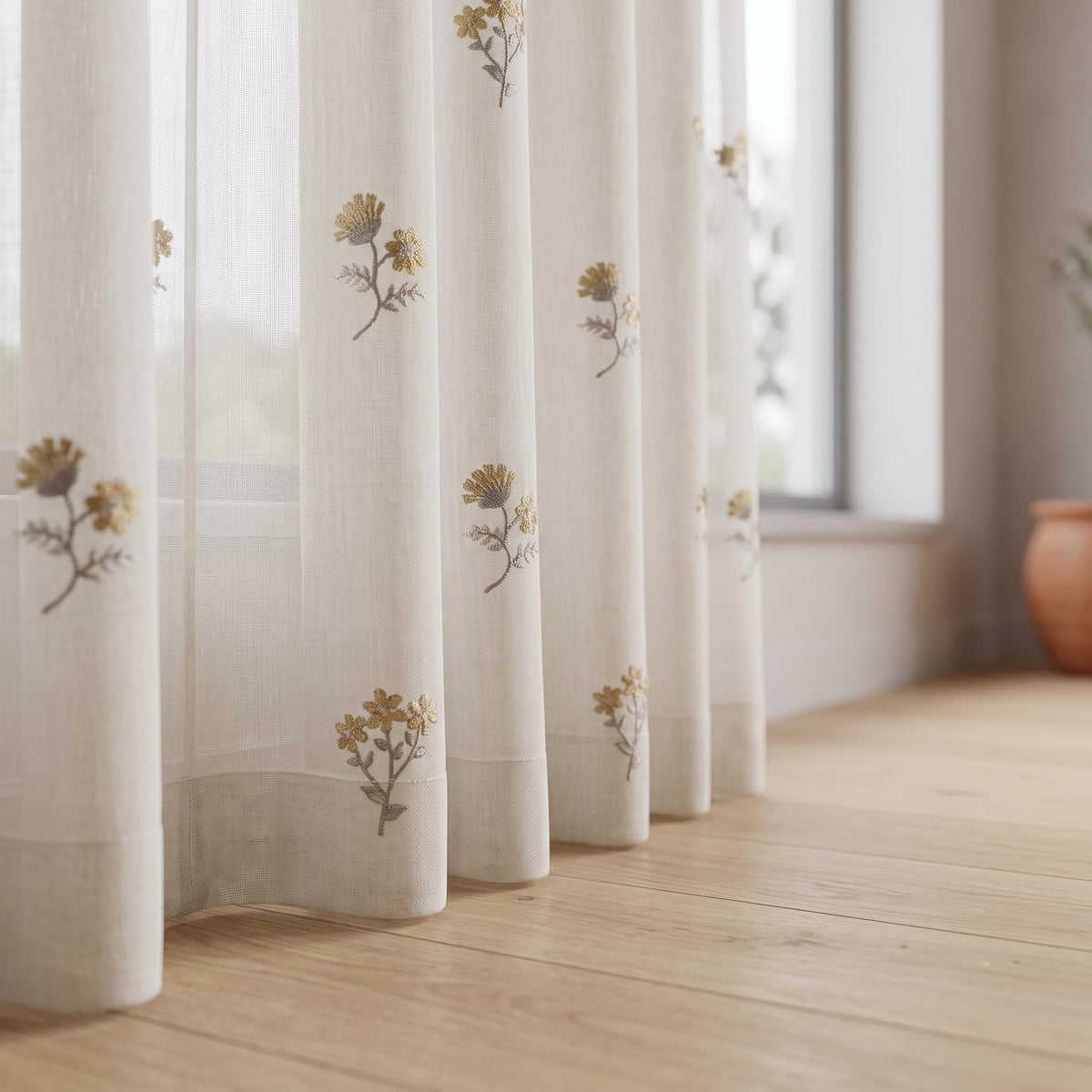 Off White Pure Linen Sheer Curtains with Mustard Wildflower Embroidery, Custom Floral Drapes, Single or Pair — image 6