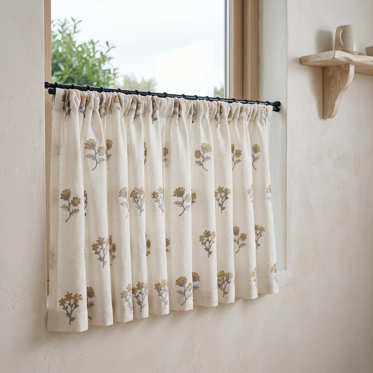 Off White Pure Linen Sheer Curtains with Mustard Wildflower Embroidery, Custom Floral Drapes, Single or Pair — image 3