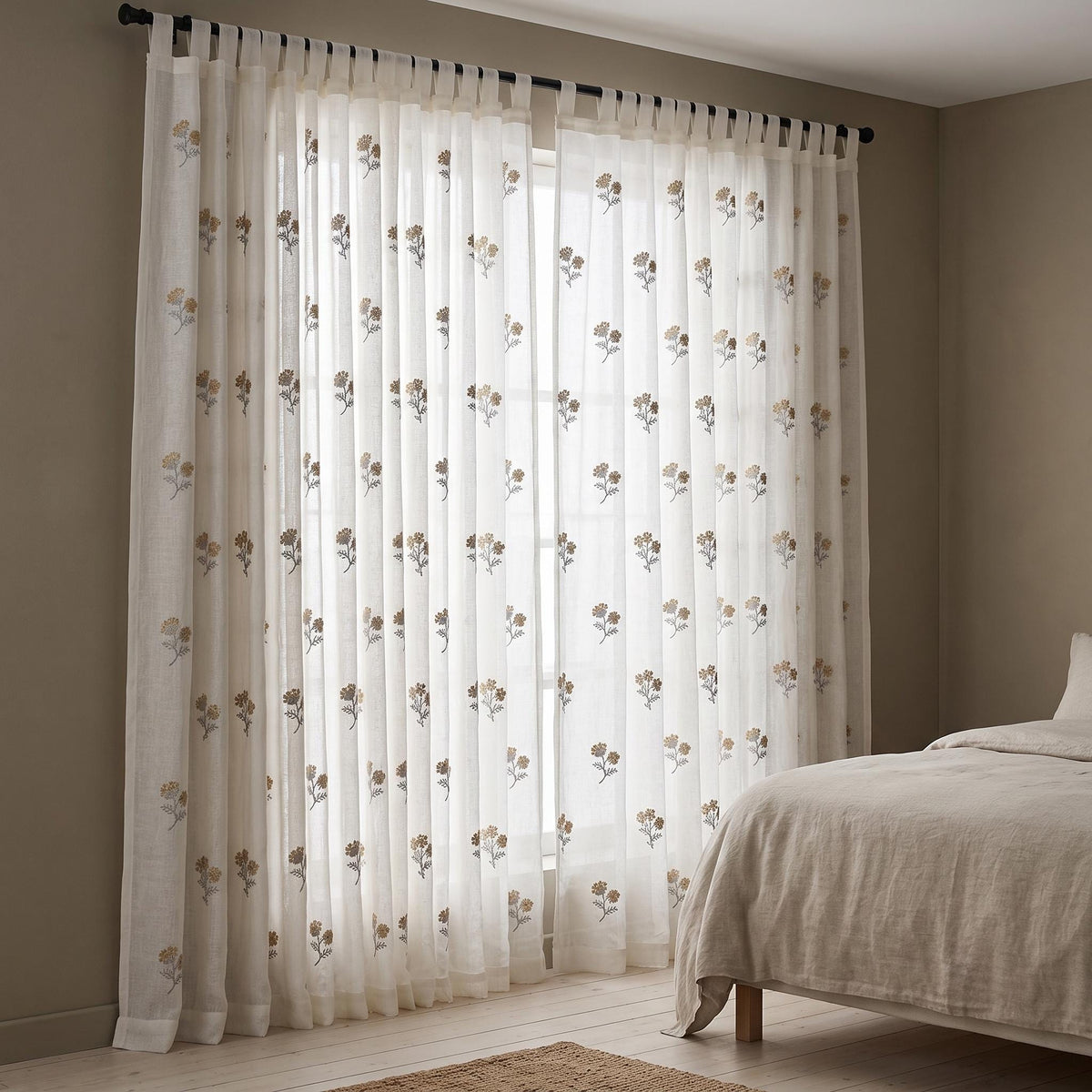 Off White Pure Linen Sheer Curtains with Mustard Wildflower Embroidery, Custom Floral Drapes, Single or Pair — image 4