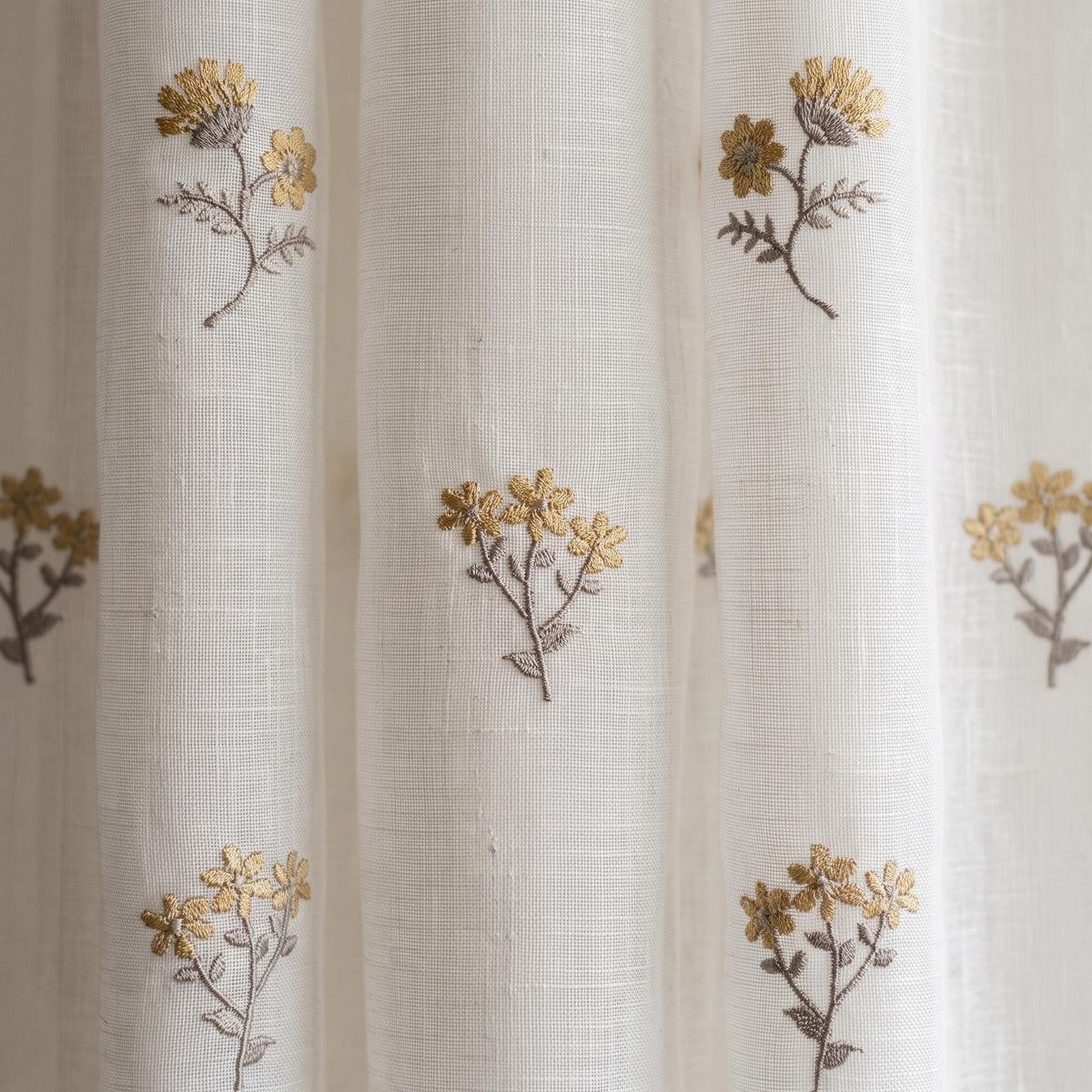 Off White Pure Linen Sheer Curtains with Mustard Wildflower Embroidery, Custom Floral Drapes, Single or Pair — image 5