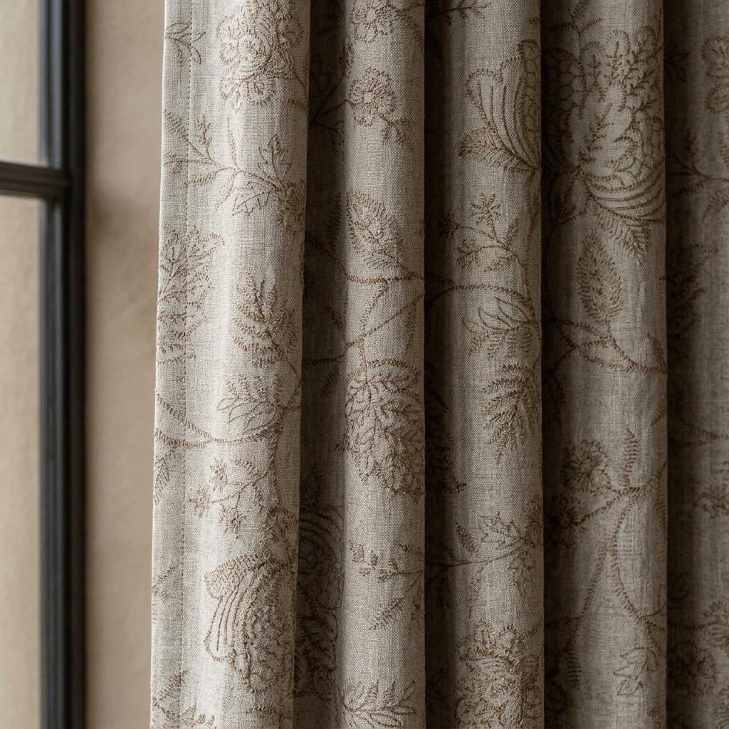 Natural Beige Linen Curtains, Taupe Jacobean Floral Embroidered Drapes, Custom Blackout Bedroom & Living Room Panels — image 1