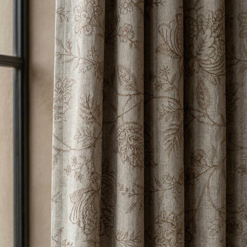 Natural Beige Linen Curtains, Taupe Jacobean Floral Embroidered Drapes, Custom Blackout Bedroom & Living Room Panels — image 1